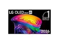 LG OLED evo AI C6, objavljen 2026. godine, ima elegantan, moderan ekran sa tankim crnim okvirom, koji ističe smelu, vrtložnu kompoziciju crvenih, zelenih i plavih svetlosnih gradijenata koji stvaraju glatki osećaj pokreta preko duboke crne pozadine.
