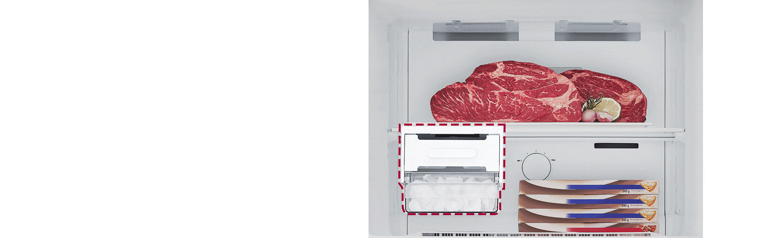 Pokretni ledomat se lako uklanja i umesto toga može da skladišti više hrane.