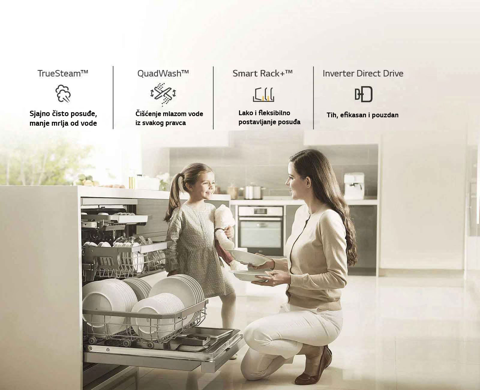 Prikazuje ženu kako vadi činiju iz otvorene mašine za pranje sudova.