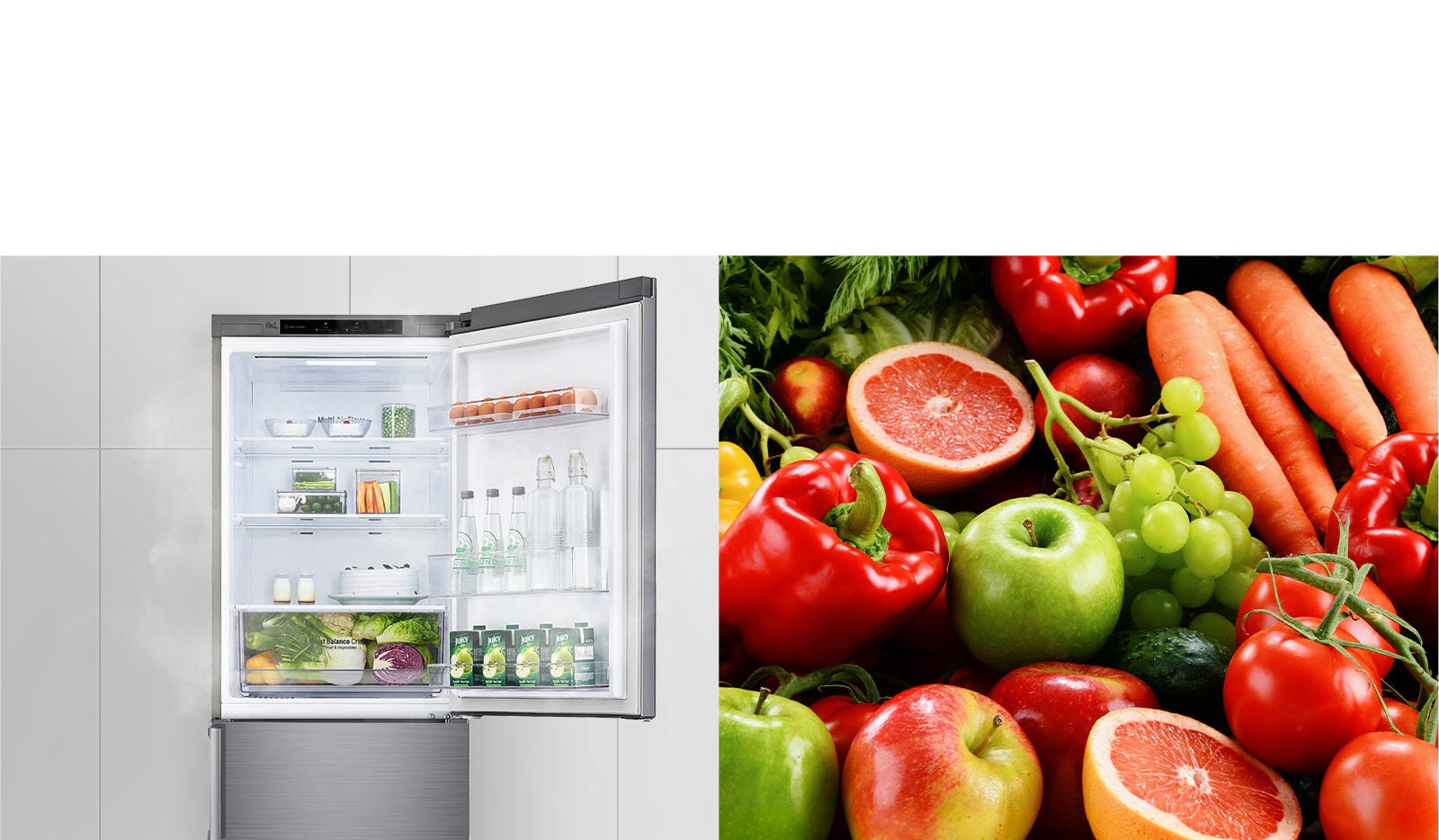 Prva slika prikazuje frižider sa otvorenim gornjim vratima, pun pića i hrane. Druga slika prikazuje prelepo sveže voće i povrće u grupi.