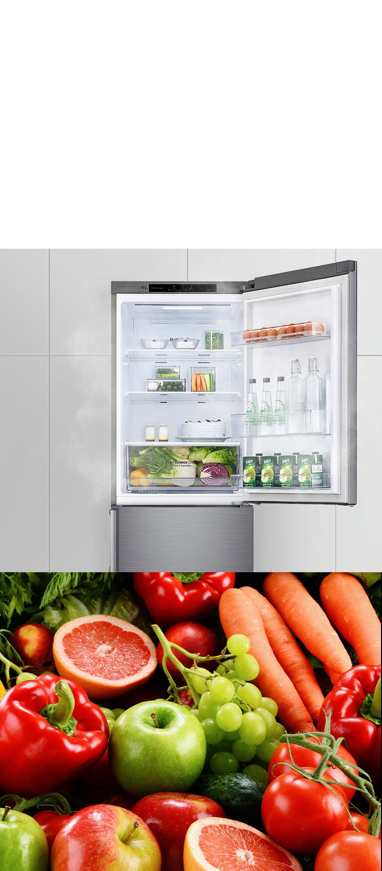 Prva slika prikazuje frižider sa otvorenim gornjim vratima, pun pića i hrane. Druga slika prikazuje prelepo sveže voće i povrće u grupi.
