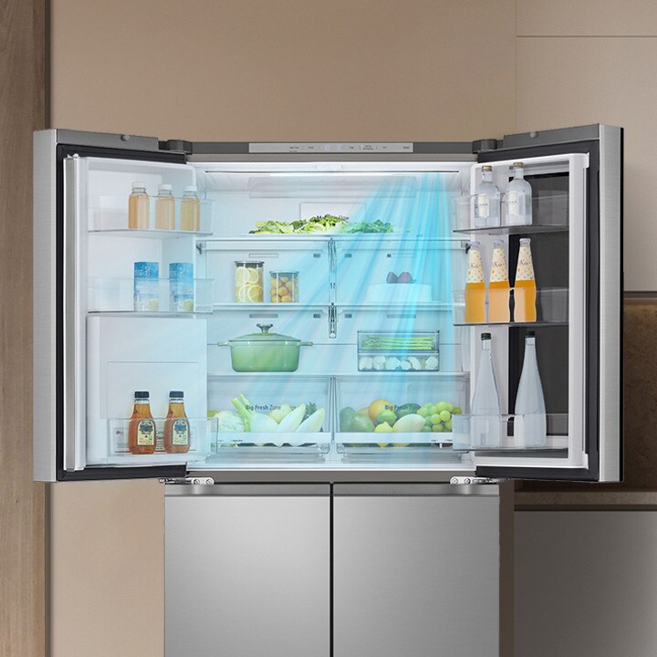 LG DoorCooling⁺™ tehnologija pomaže da hrana i piće u frižideru održe konstantnu temperaturu.