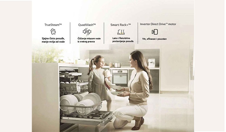 Prikazuje ženu kako vadi činiju iz otvorene mašine za pranje sudova.