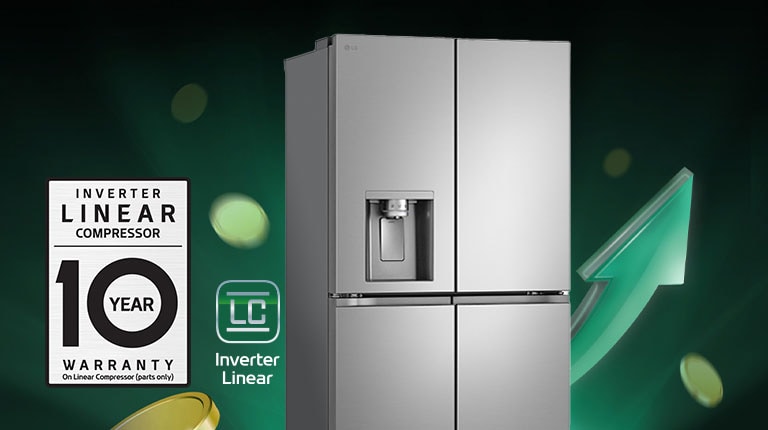 Na slici je frižider sa zelenom strelicom koja pokazuje  nagore i novčićima koji padaju pored njega.