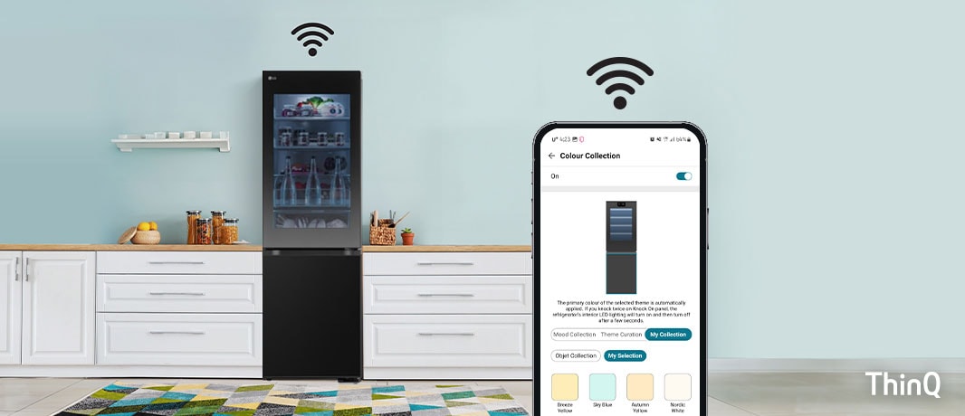 Slika prikazuje frižider i pametni telefon koji su povezani preko Wi-Fi veze.  Na ekranu telefona se otvara aplikacija LG ThinQ koja predstavlja dostupne boje svetla na vratima frižidera LG Instaview.