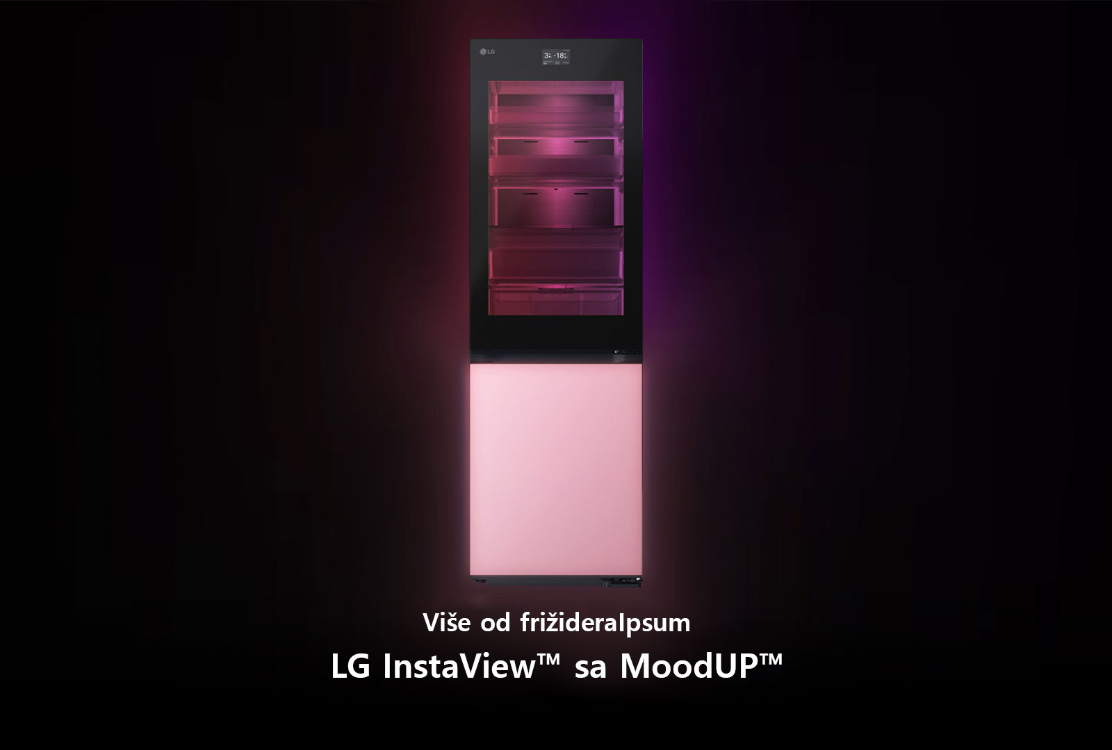 A videón egy LG InstaView MoodUP Alulfagyasztós hűtőszekrény látható, ahogy változnak a színei.