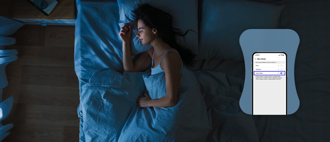 A képen az LG ThinQ applikációja látszik egy szövegbuborékban,  miközben egy nő egy ágyban alszik.