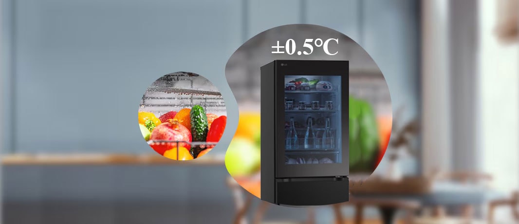 Slike vrha frižidera sa znakom plus ili minus 0,5 stepeni i sveže povrće u mehurićima.