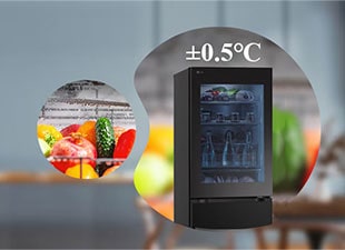 Slike vrha frižidera sa znakom plus ili minus 0,5 stepeni i sveže povrće u mehurićima.