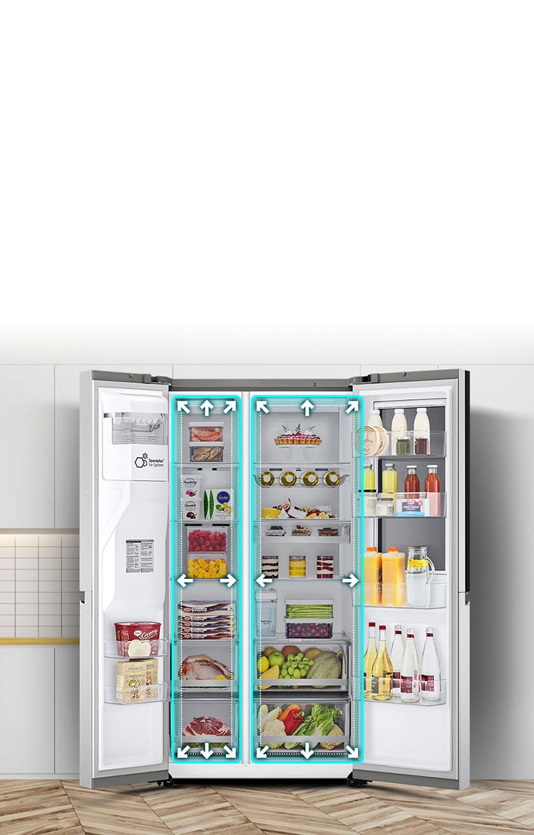 Video počinje sa prednjim pogledom na frižider sa oba širom otvorena vrata. Unutrašnji prostori su ocrtani neonskim linijama, a strelice počinju da potiskuju linije kako bi pokazale da sada ima više prostora unutra. Neonski kvadrat oko unutrašnjih prostora treperi da pokaže razliku između novog prostora i starog manjeg prostora koji je sada ocrtan isprekidanom belom linijom.