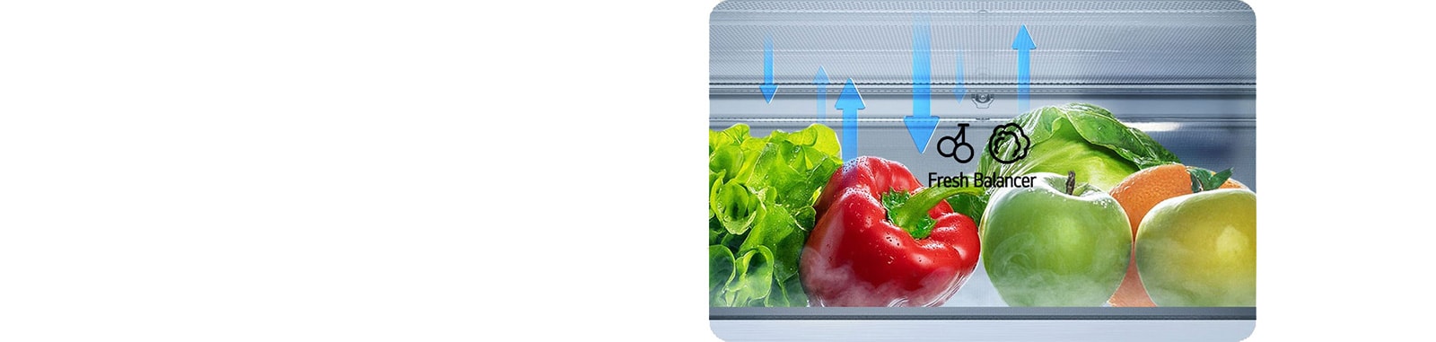 LG frižider sa donjim zamrzivačem i fiokom FRESH Balancer™ koja ilustruje kretanje vlage.