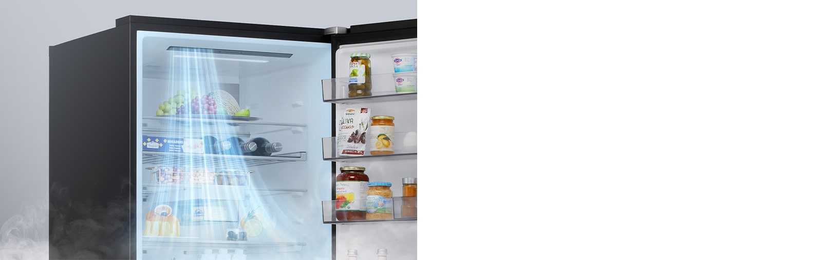 LG frižider sa donjim zamrzivačem se otvorio, plavi vazduh je strujao ka odeljcima vrata,  ilustrujući rad DoorCooling+™ tehnologije.