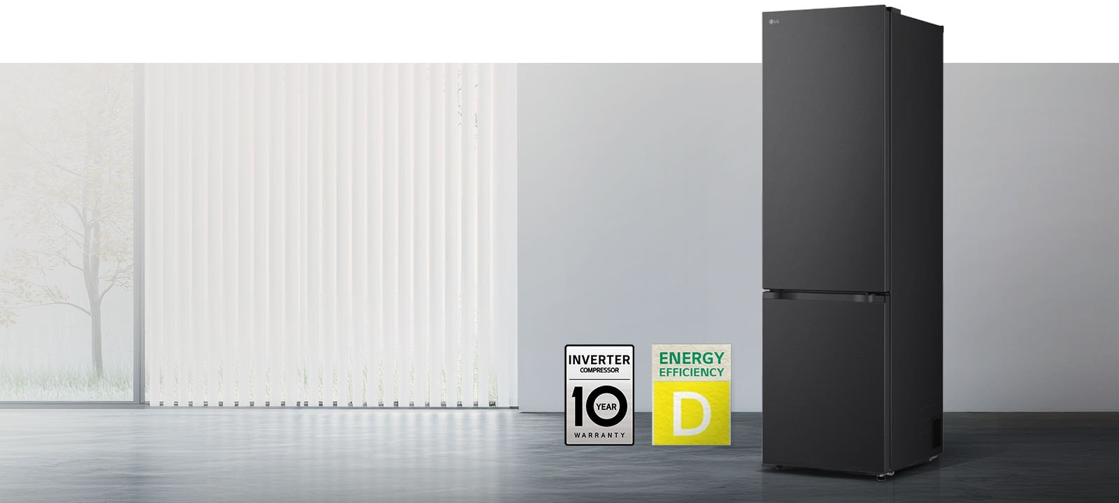 LG mat crni frižider sa zamrzivačem dole u ​​jednoj prostoriji, 10-godišnja garancija na pametni inverterski kompresor i ikone energetske efikasnosti.