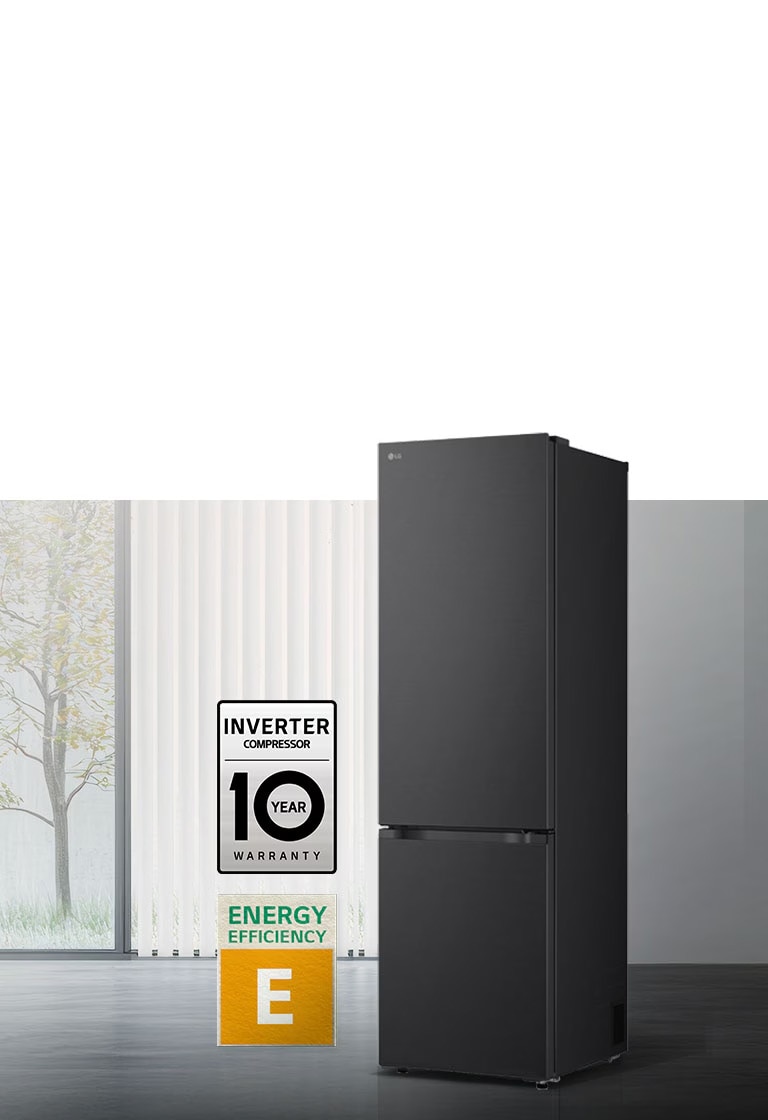 LG mat crni frižider sa zamrzivačem dole u ​​jednoj prostoriji, 10-godišnja garancija na pametni inverterski kompresor i ikone energetske efikasnosti.