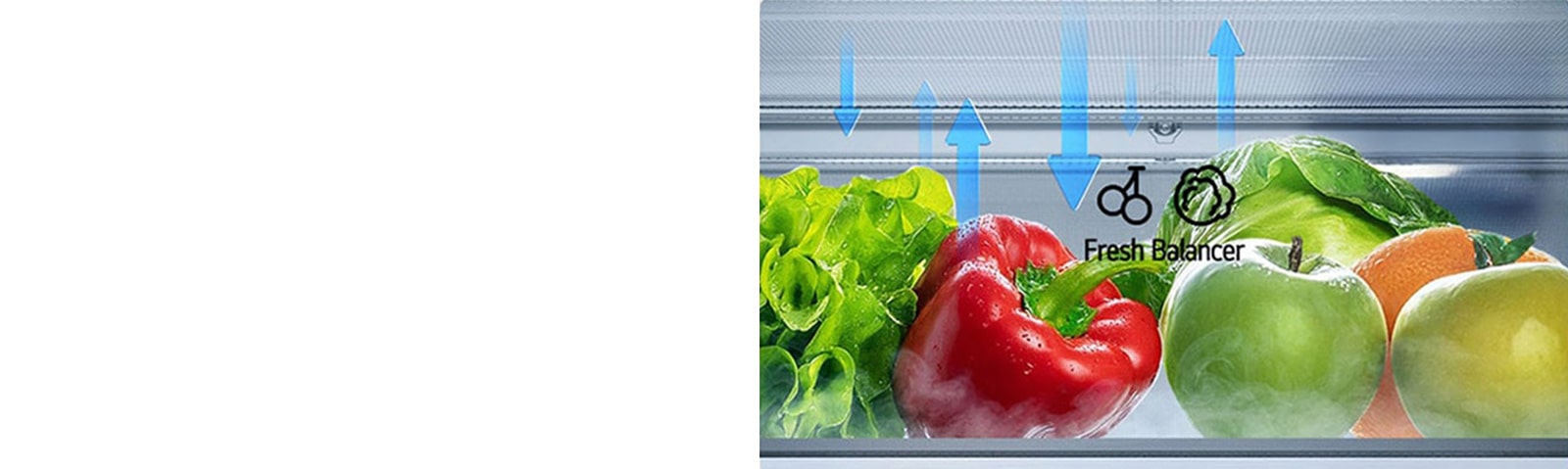 LG frižider sa donjim zamrzivačem i fiokom FRESH Balancer™ koja ilustruje kretanje vlage.