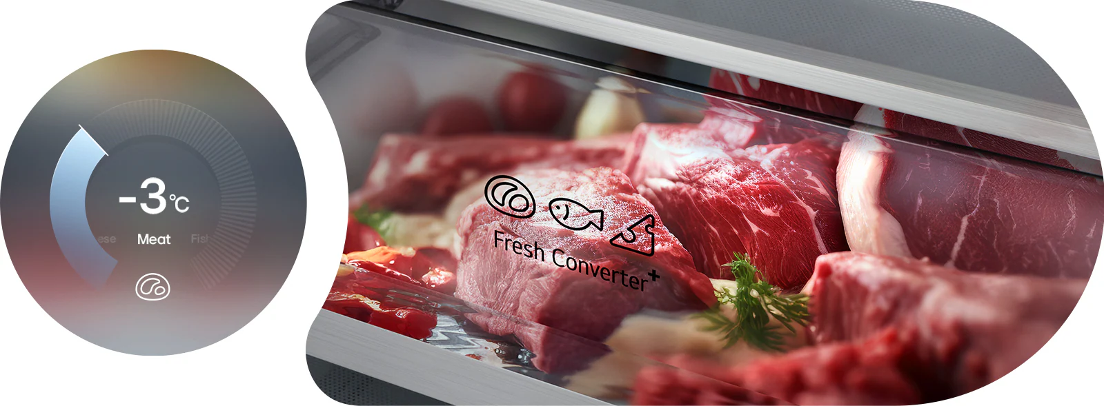 LG frižider sa donjim zamrzivačem, kružni dijagram levo sa -3°C, sveže meso u fioci FRESHConverter+™ desno.