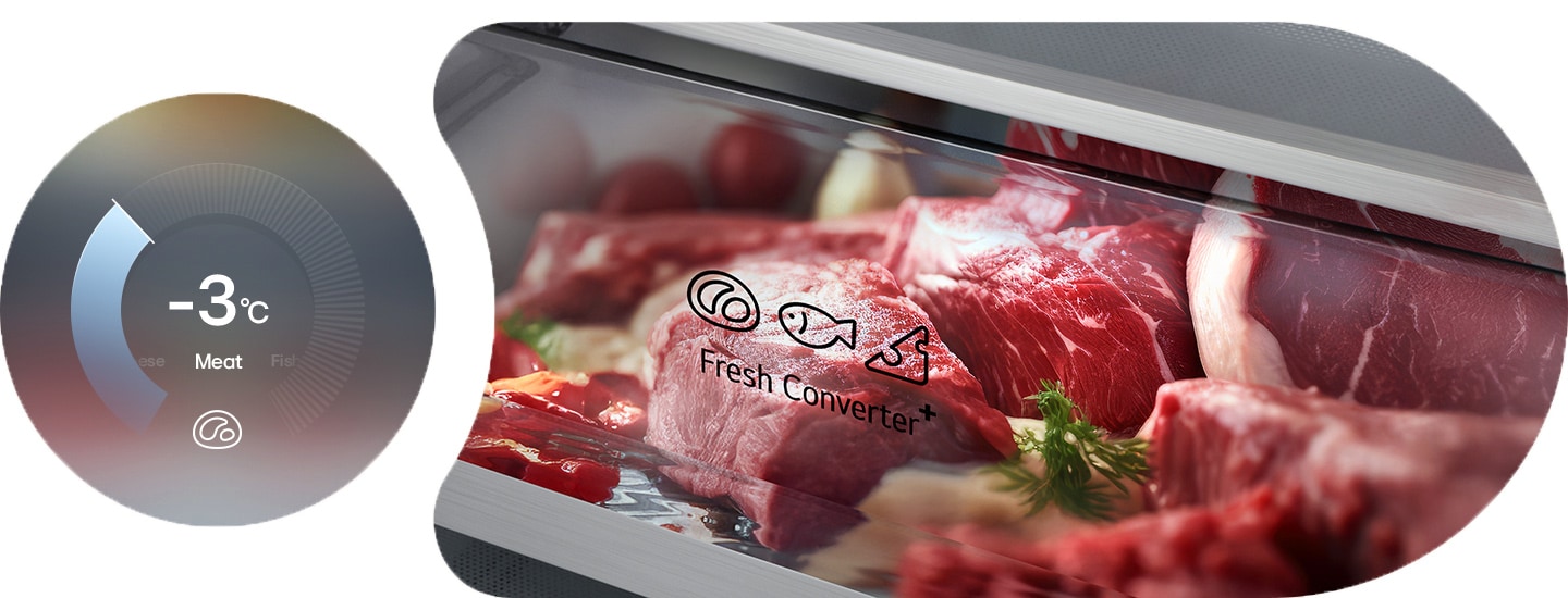 LG frižider sa donjim zamrzivačem, kružni dijagram levo sa -3°C, sveže meso u fioci FRESHConverter+™ desno.