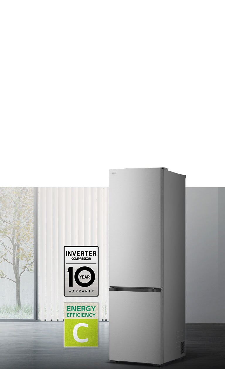 LG mat crni frižider sa zamrzivačem dole u ​​jednoj prostoriji, 10-godišnja garancija na pametni inverterski kompresor i ikone energetske efikasnosti.