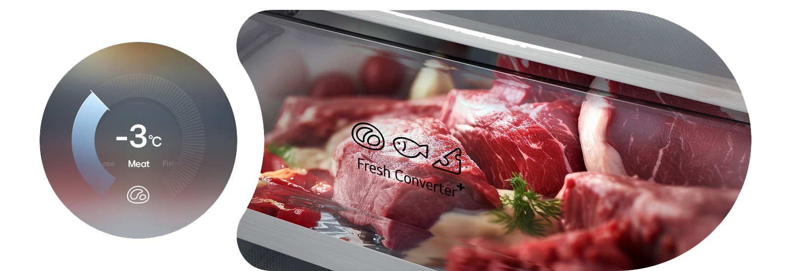 LG frižider sa donjim zamrzivačem, kružni dijagram levo sa -3°C, sveže meso u fioci FRESHConverter+™ desno.