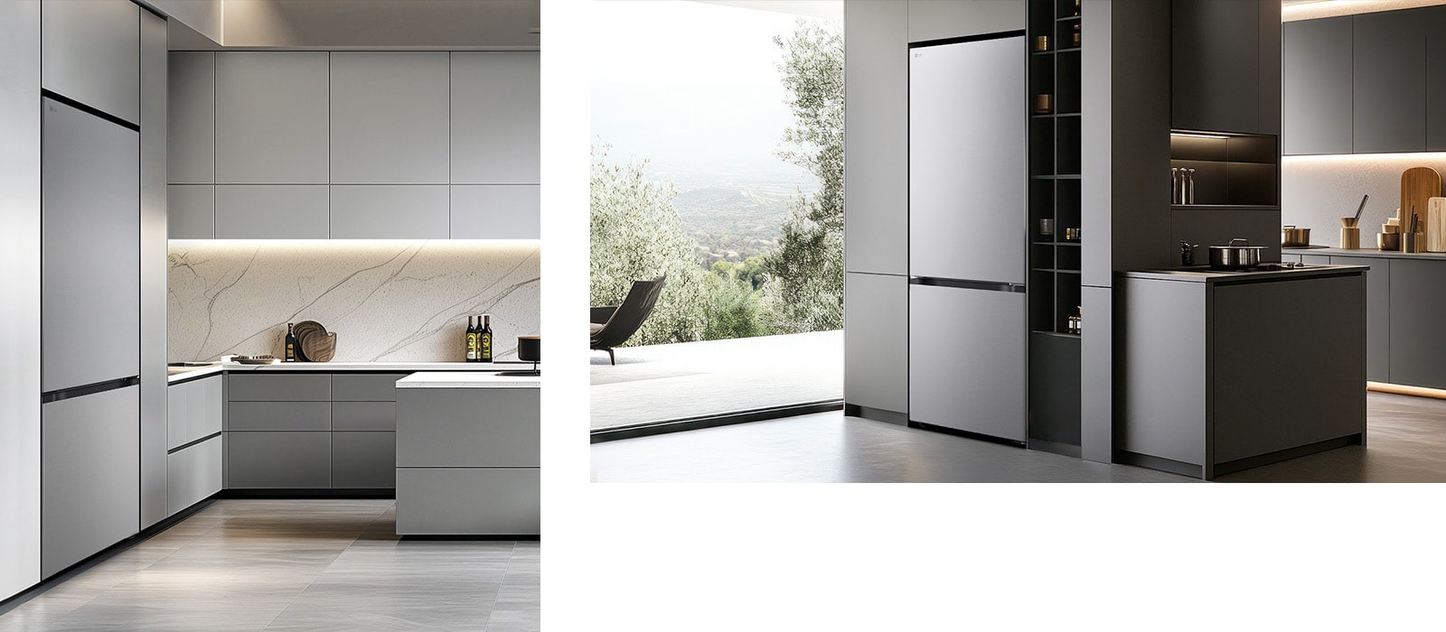 LG mat crni frižider sa zamrzivačem dole se savršeno uklapa u kuhinjski nameštaj,u dva različita rasporeda.