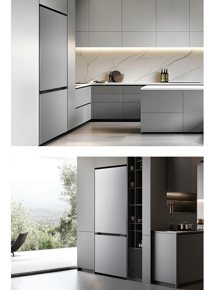 LG mat crni frižider sa zamrzivačem dole se savršeno uklapa u kuhinjski nameštaj,u dva različita rasporeda.