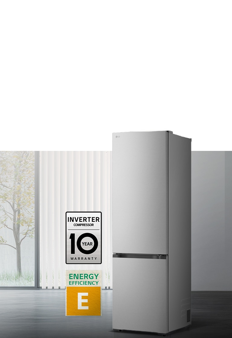 LG mat crni frižider sa zamrzivačem dole u ​​jednoj prostoriji, 10-godišnja garancija na pametni inverterski kompresor i ikone energetske efikasnosti.