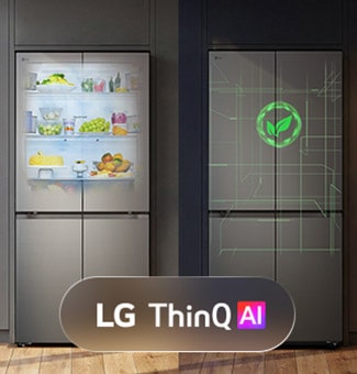 Prednji pogled na LG frižider sa četvoro vrata sa AI ThinQ logotipom prikazanim na spoljašnjosti.