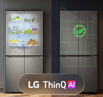Prednji pogled na LG frižider sa četvoro vrata sa AI ThinQ logotipom prikazanim na spoljašnjosti.