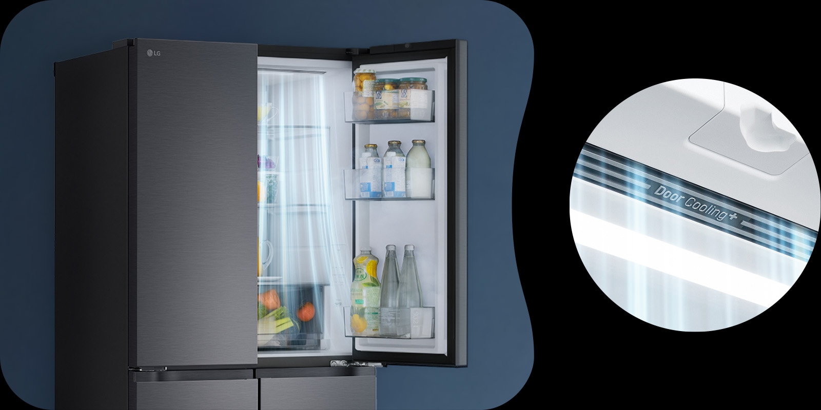 LG frižider sa četvoro vrata, otvorenim vratima, unutrašnjim protokom hlađenja i detaljnim prikazom DoorCooling+™.