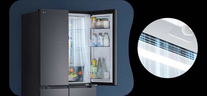 LG frižider sa četvoro vrata, otvorenim vratima, unutrašnjim protokom hlađenja i detaljnim prikazom DoorCooling+™.