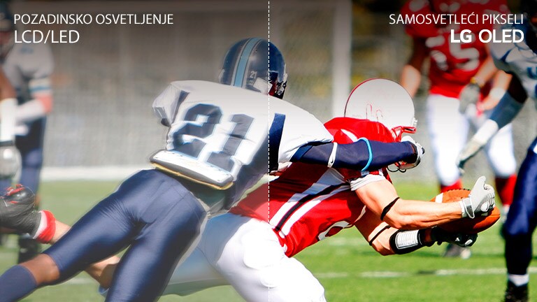 Scena iz fudbalske igre, polovina na LCD/LED TV-u sa zamućenim kvalitetom slike, druga polovina na LG OLED TV-u sa jasnim kvalitetom slike
