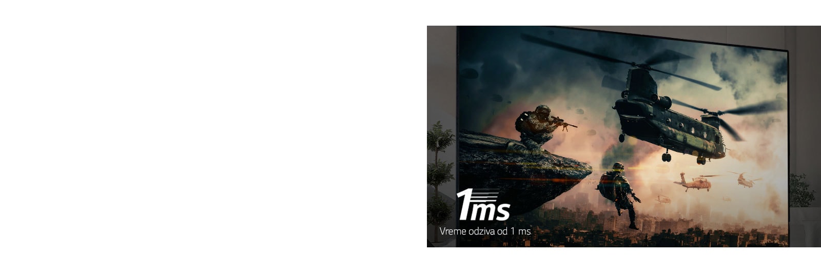 TV ekran koji prikazuje ratnu igru sa naoružanim vojnicima i helikopterima na nebu.