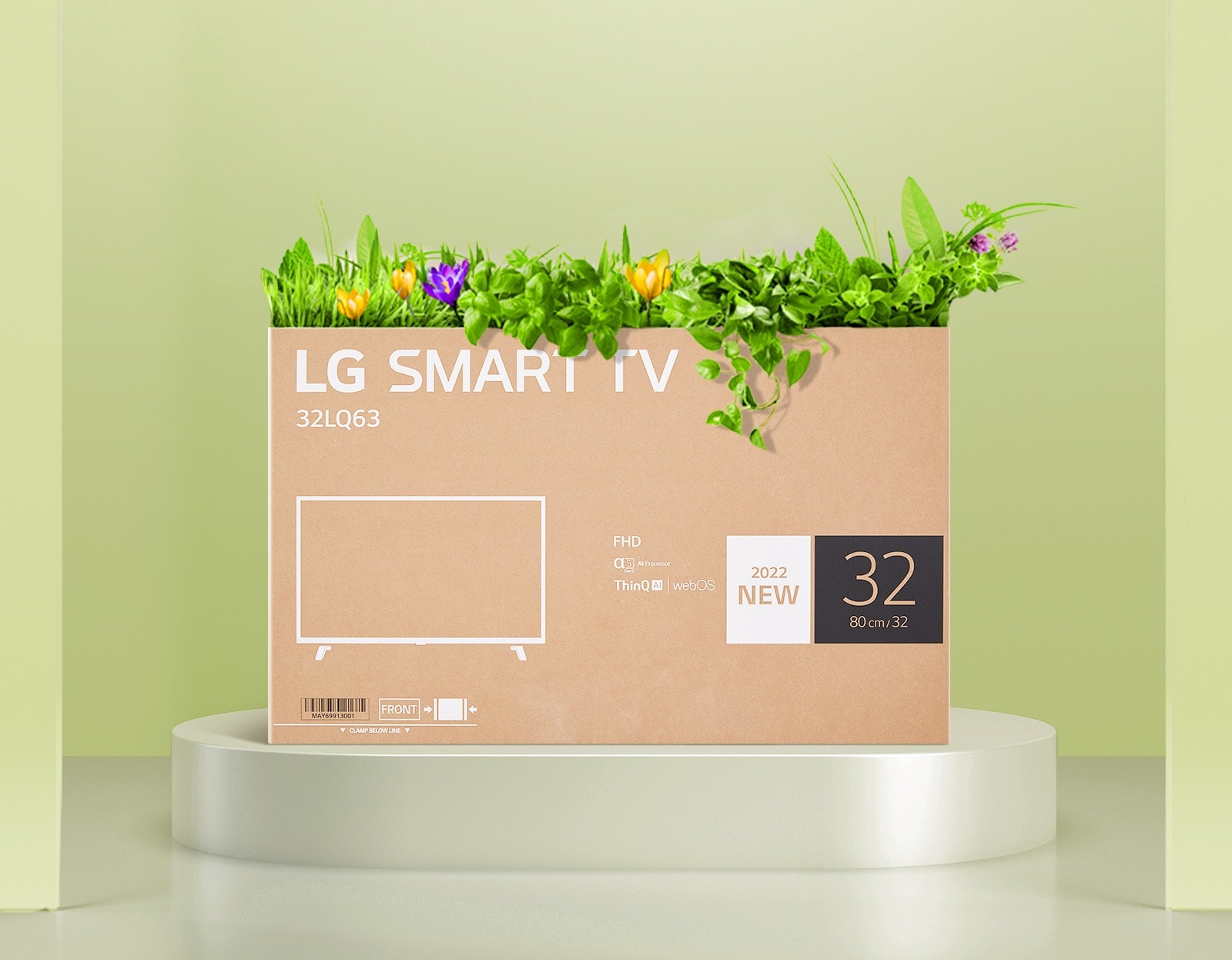 Kutija sa cvećem na ambalaži LG FHD televizora unapređenog kvaliteta.