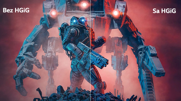 Slika na kojoj se prikazuju leva polovina slike bez HGiG i desna polovina sa HGiG da bi se video kontast.