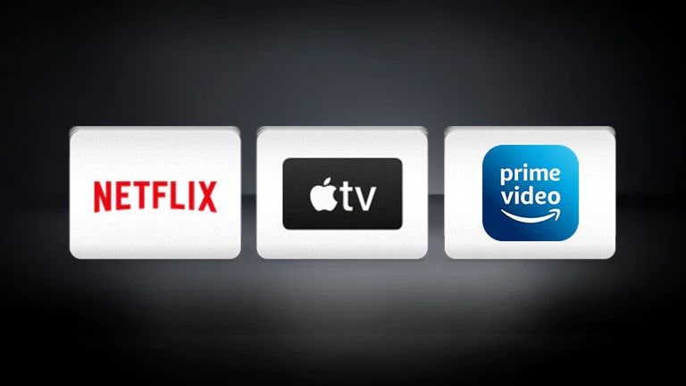 Logo Netflix, logo logo Apple TV, Amazon prime video poređani su horizontalno na crnoj pozadini.