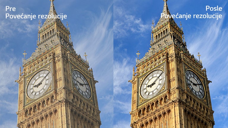 Зображення годинника Біг-Бена праворуч із текстом «Після масштабування» з більш яскравим і чітким зображенням порівняно з таким самим зображенням ліворуч з текстом «До масштабування».