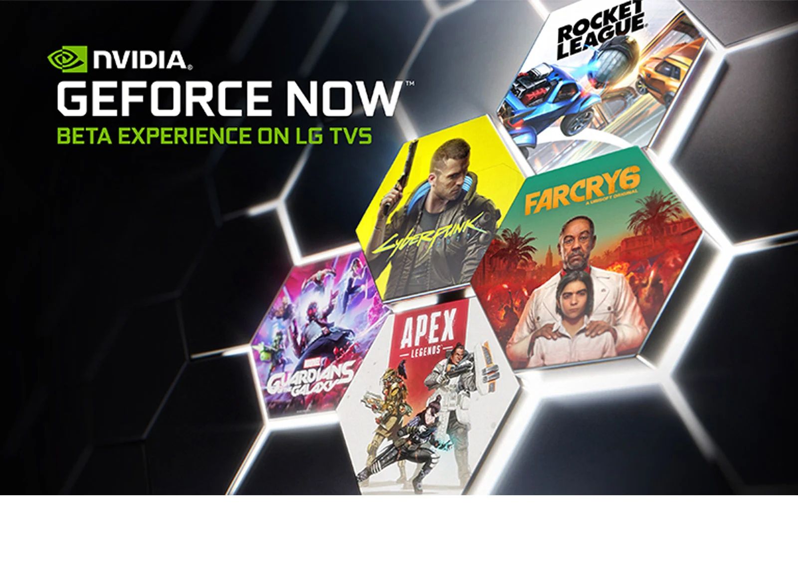 Slika na kojoj se prikazuje logotip GeForce Now na mračnoj pozadini. Prikazani su naslovna slika i naslovi nekoliko popularnih igara.
