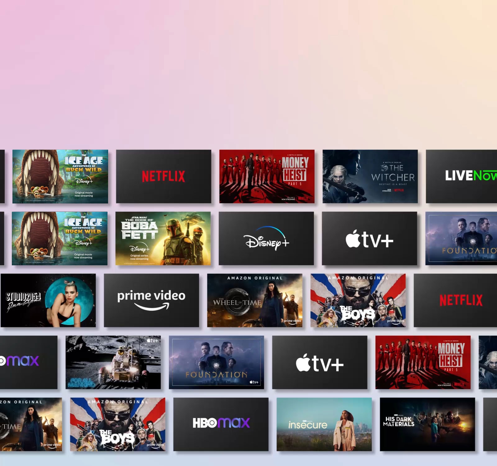 Mnoštvo OTT sadržaja lista se sa strane dok se prikazuje logotip pružalaca OTT i sličice ponuđenog sadržaja.