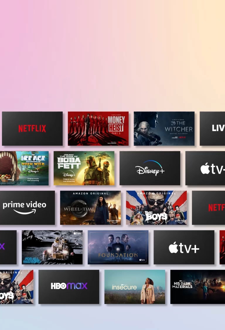 Mnoštvo OTT sadržaja lista se sa strane dok se prikazuje logotip pružalaca OTT i sličice ponuđenog sadržaja.