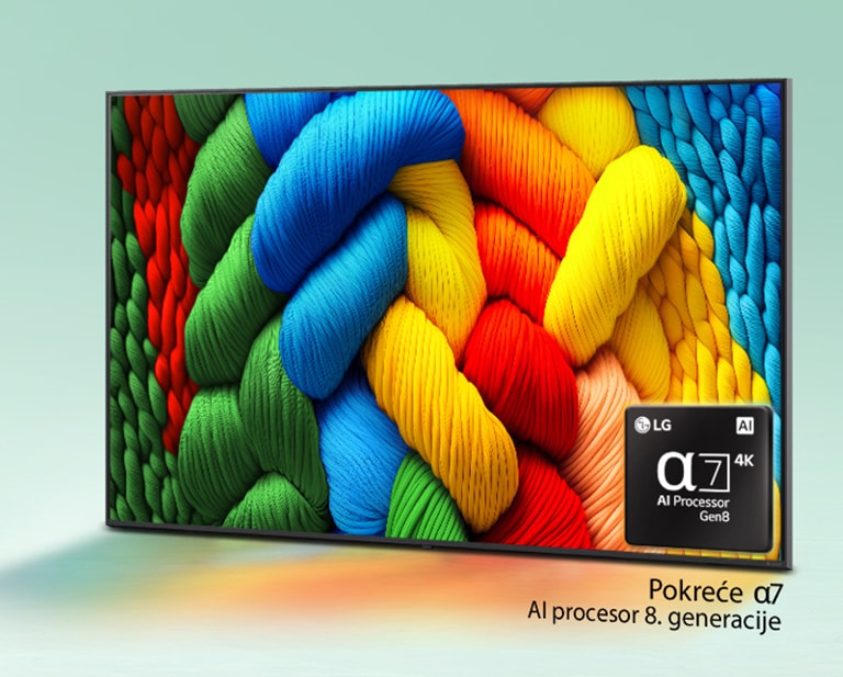 LG TV ekran koji pokazuje kako funkcioniše AI pretraga. Otvoren je mali prozor za ćaskanje koji pokazuje kako je korisnik tražio koje sportske igre su dostupne. AI pretraga je odgovorila putem ćaskanja i prikazivanjem sličica različitog dostupnog sadržaja. Takođe postoji predlog da pitate Microsoft Copilot.