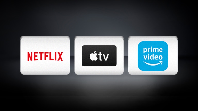 Logo Netflix, logo Apple TV, Amazon prime video poređani su horizontalno na crnoj pozadini.