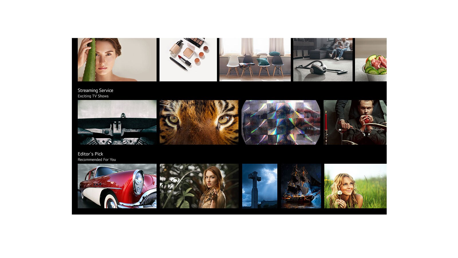 TV ekran koji prikazuje različiti sadržaj koji navodi i preporučuje funkcija LG ThinQ AI.