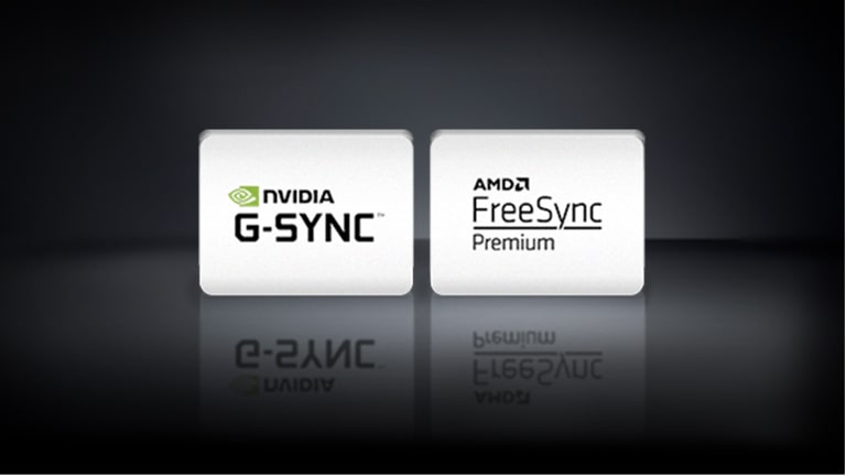 Logo NVIDIA G-SYNC, logo AMD FreeSync poređani su horizontalno na crnoj pozadini.