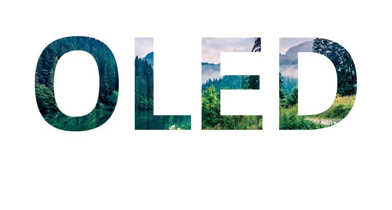 Reč „OLED” ispunjena slikom prirode koja se pomera sa desne strane (reprodukcija videa)