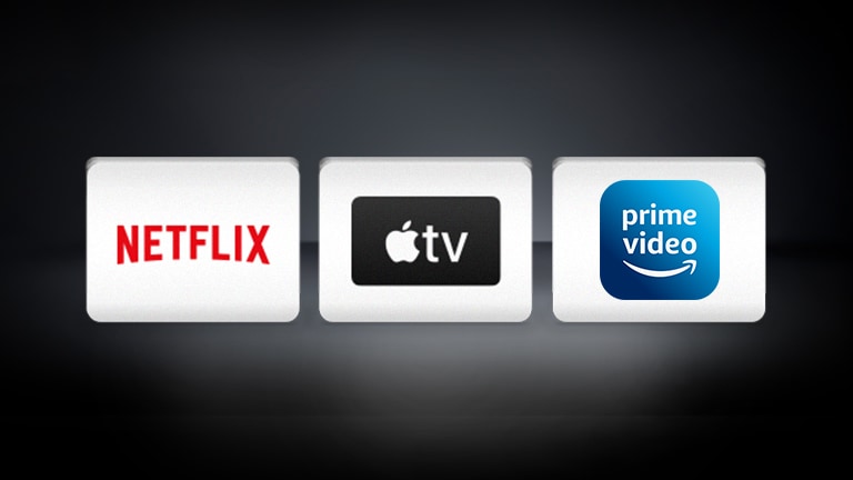 Logo Netflix, logo Apple TV, Amazon prime video poređani su horizontalno na crnoj pozadini.