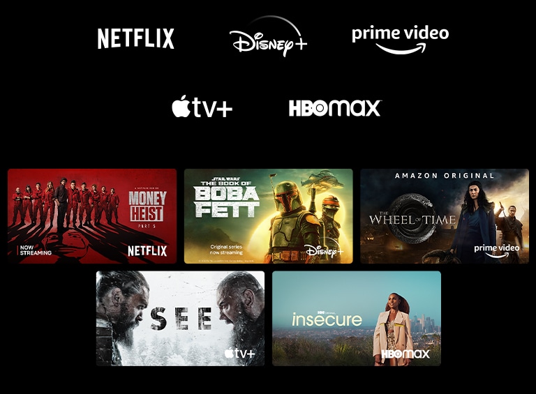 Reklamni plakat Money Heist na platformi Netflix, The Book of Boba Fett na Disney Plus, The Wheel of Time na Prime Video, See na Apple TV Plus i Insecure na HBO Max.