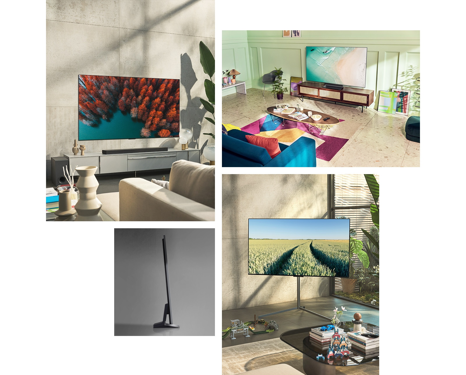 LG OLED G2 je obešen na steno dnevne sobe v nevtralnih barvah z rastlinami in rustikalnimi okraski.  LG OLED G2 stoji na televizijski polici v sobi mint barve s pisanimi umetninami in pohištvom.  LG OLED G2 s stojalom Gallery stoji v kotu sobe v družinskem domu.  Stranski pogled na izjemno tanek LG OLED G2.