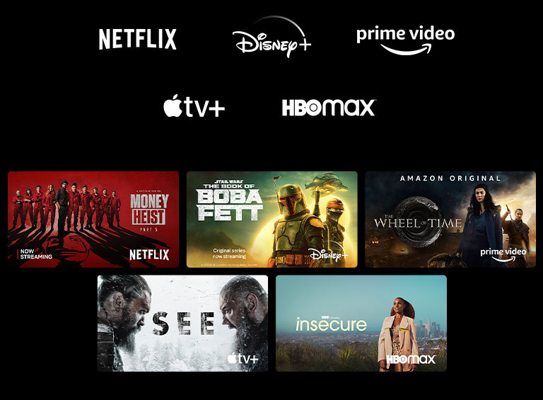 Reklamni plakat Money Heist na platformi Netflix, The Book of Boba Fett na Disney Plus, The Wheel of Time na Prime Video, See na Apple TV Plus i Insecure na HBO Max 