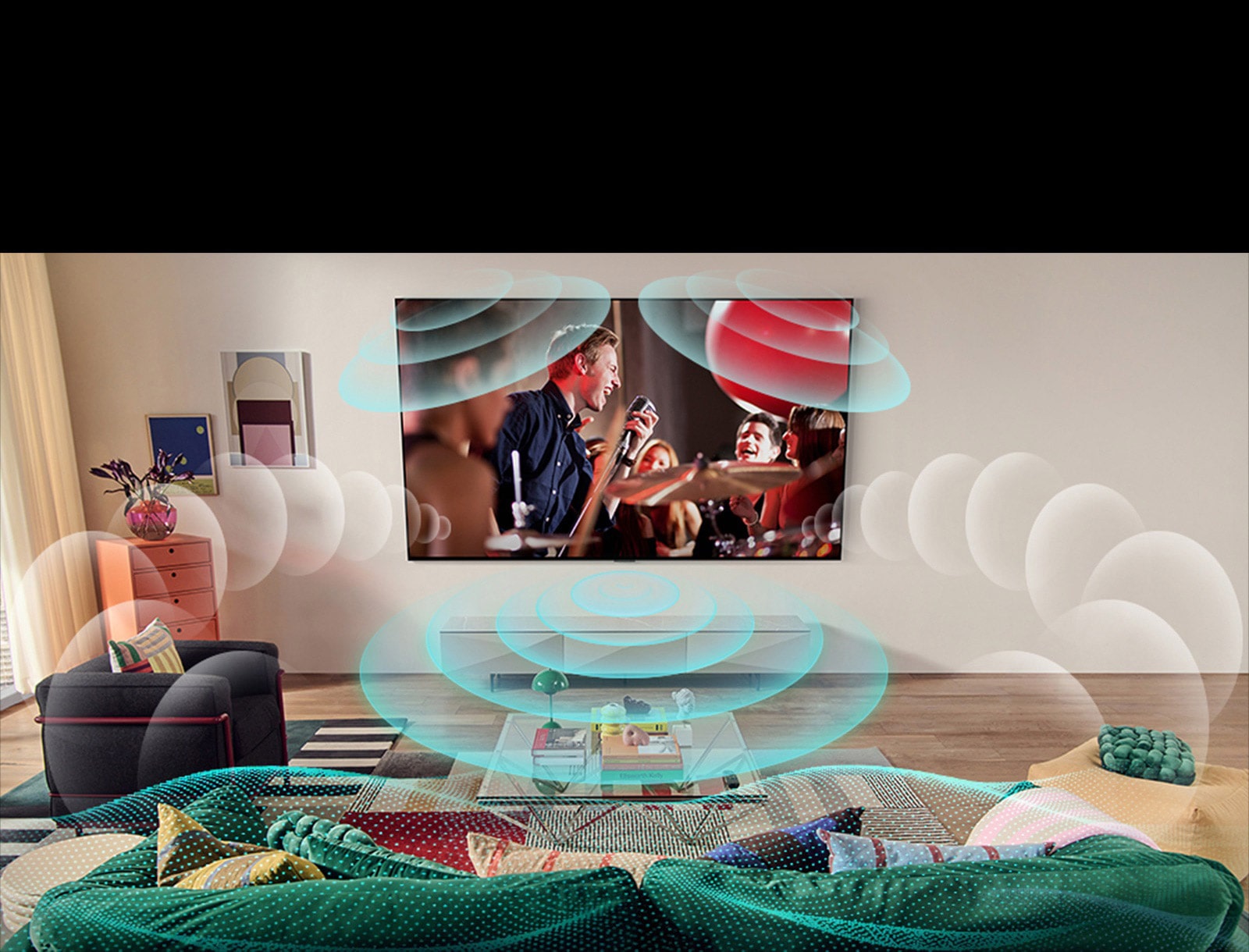 Slika LG OLED televizora u sobi, koji prikazuje muzički koncert. Mehurići koji predstavljaju virtuelni surround zvuk ispunjavaju prostor.