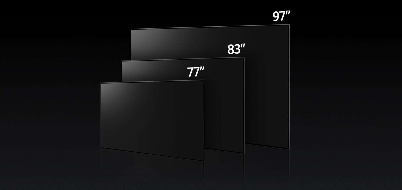 Slika koja poredi različite veličine televizora serije LG OLED M od 77, 83 i 97 inča.